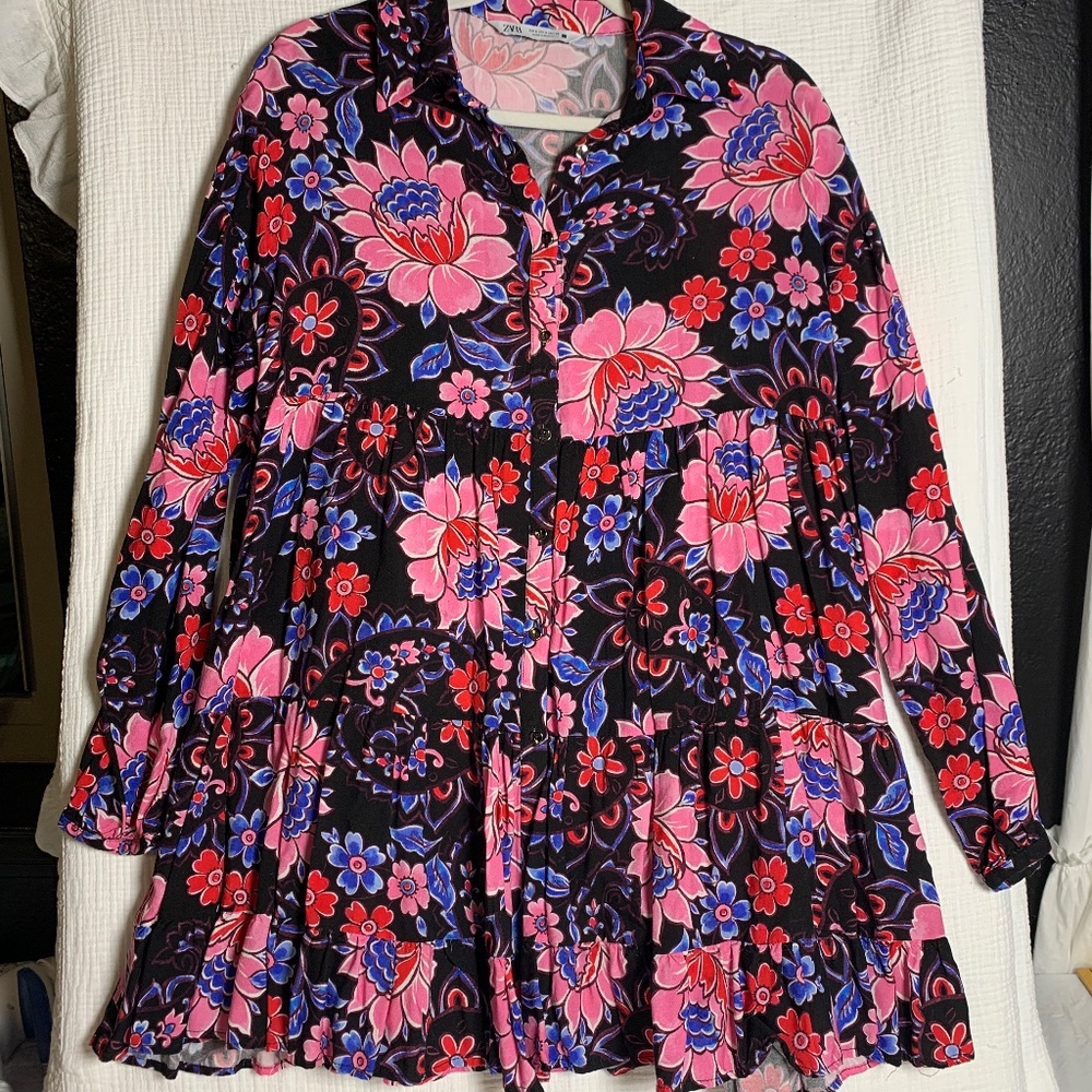 Zara black & pink bright floral tiered dress tunic size Small